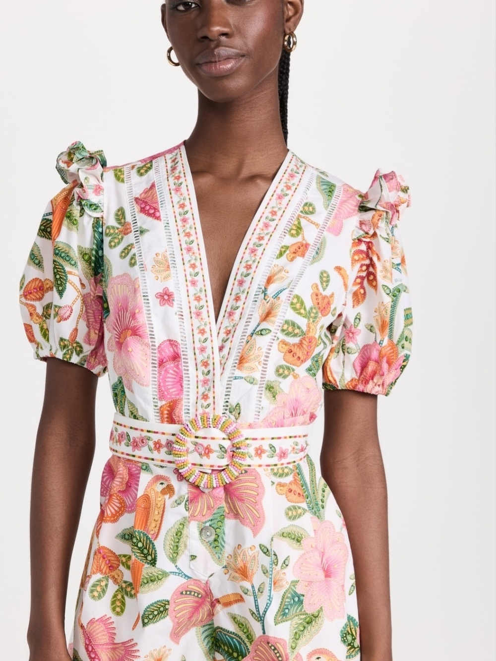 FARM Rio White Floral Puff-Sleeve Romper with Beaded Belt